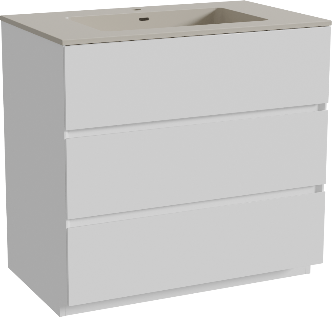 Storke Edge freistehendes Möbelstück Set: 85 x 52 cm, Weiß matt, mit Diva Einzelwaschtisch, Top Solid Seidengrau