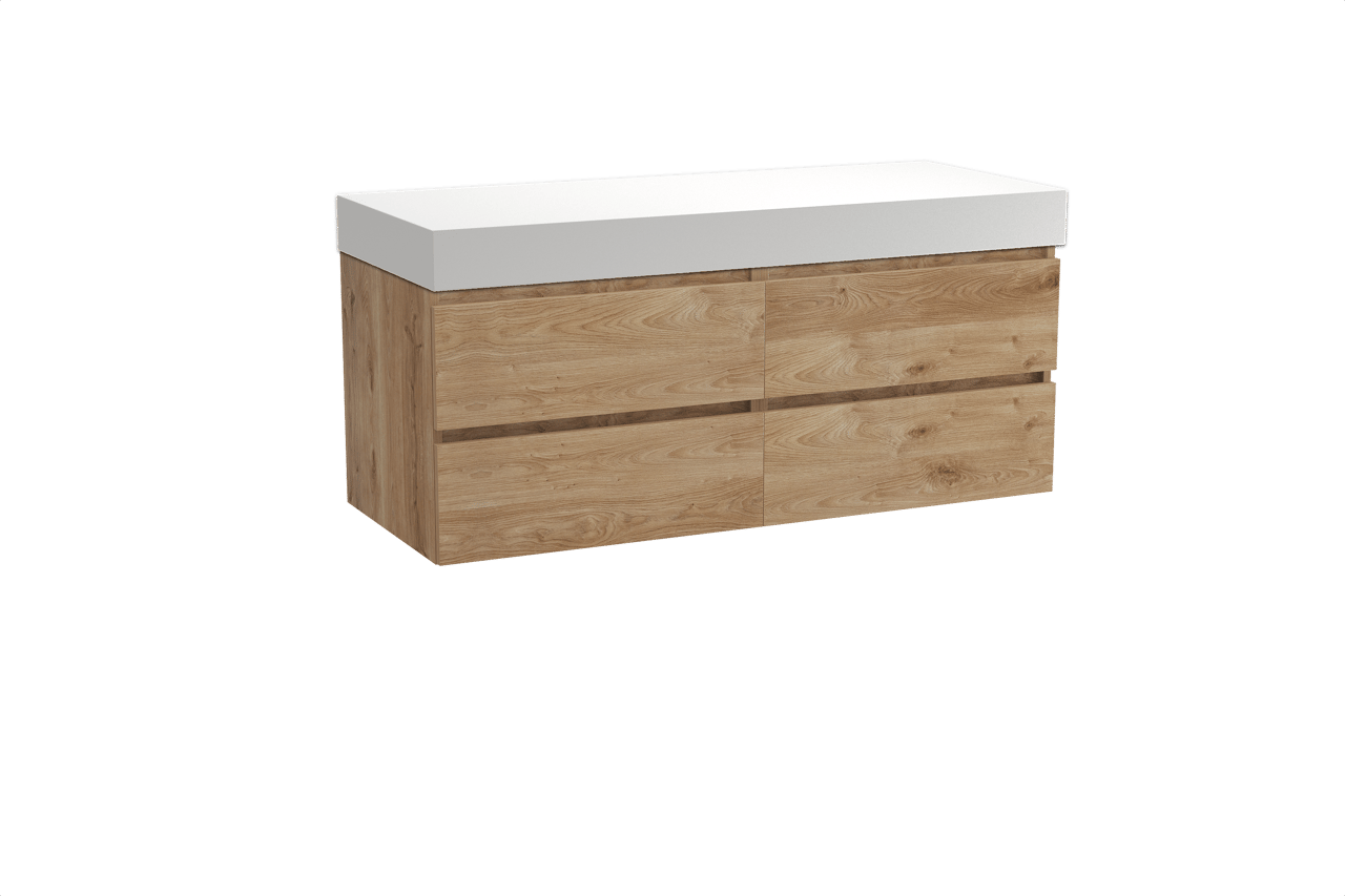 Balmani Lucida hängendes Möbelstück Set: 135 x 55 cm, Rohe Eiche, mit Dominus Einzel- oder Doppel Waschtischplatte, Solid Surface Weiß matt