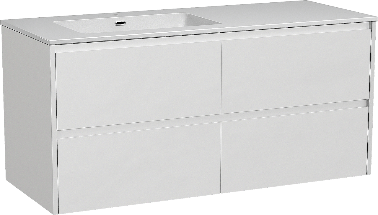 Storke Seda zwevend badmeubel 130 x 52 cm mat wit met Diva asymmetrisch linkse wastafel in composietmarmer hoogglans wit