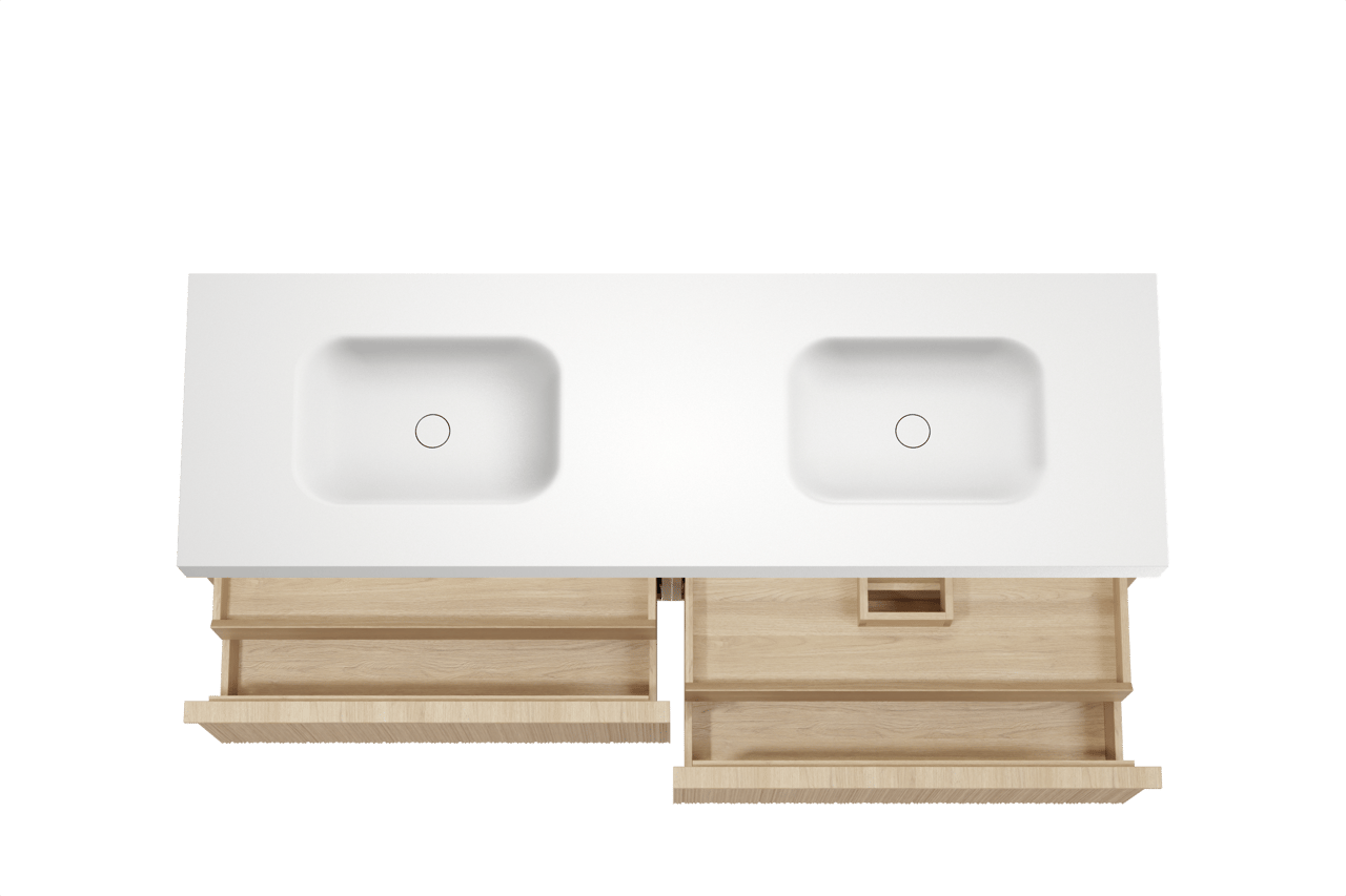 Balmani Forma hängendes Möbelstück Set: 180 x 55 cm, Naturbelassene Eiche, mit Arcato Doppelwaschtisch, Solid Surface, Weiß matt, Vertikale asymmetrische Runde Rippe