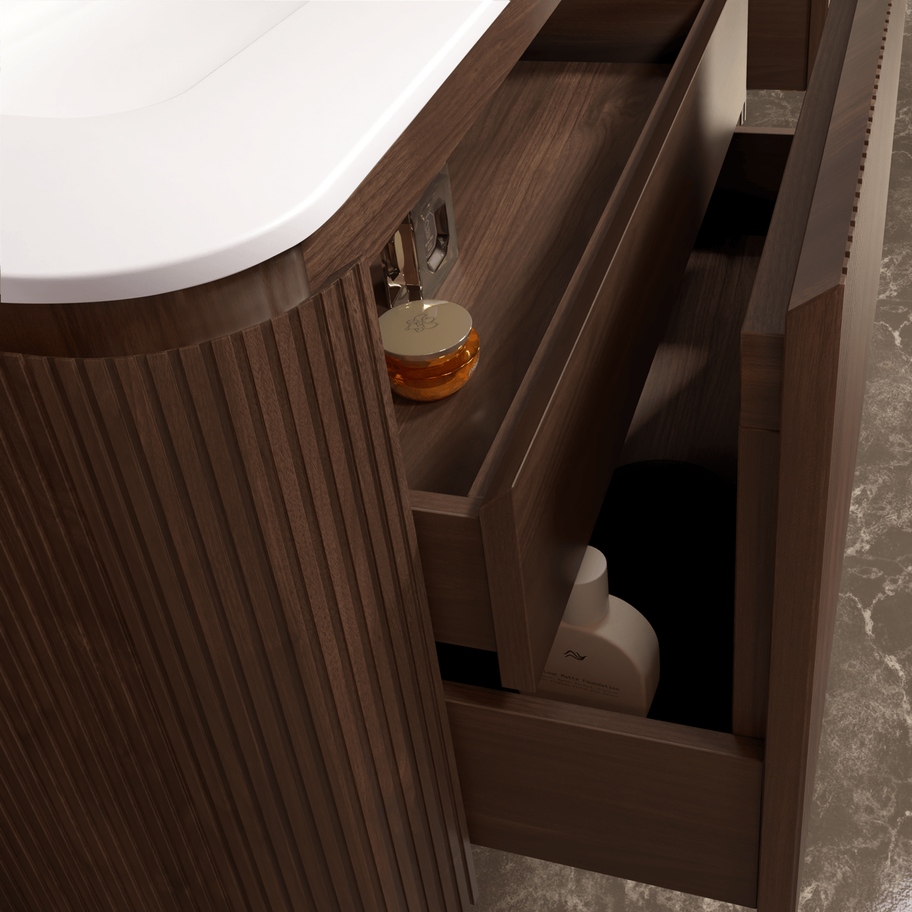 Balmani Moon meuble salle de bains suspendu 130 x 55 cm noyer américain avec Moon tablette simple ou double en solid surface blanc mat, Nervure droite symétrique verticale