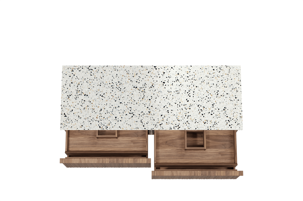 Balmani Forma zwevend badkamermeubel 150 x 55 cm amerikaanse notelaar met Stretto enkel of dubbel tablet in mat wit/zwart terrazzo, Verticale asymmetrische ronde ribbel