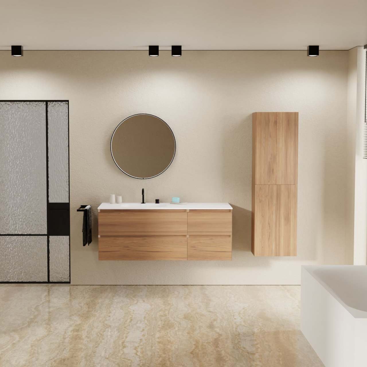 Balmani Mitra hängendes Möbelstück Set: 135 x 55 cm, Teak, mit Tablo Arcato Waschtisch links, Solid Surface Weiß matt