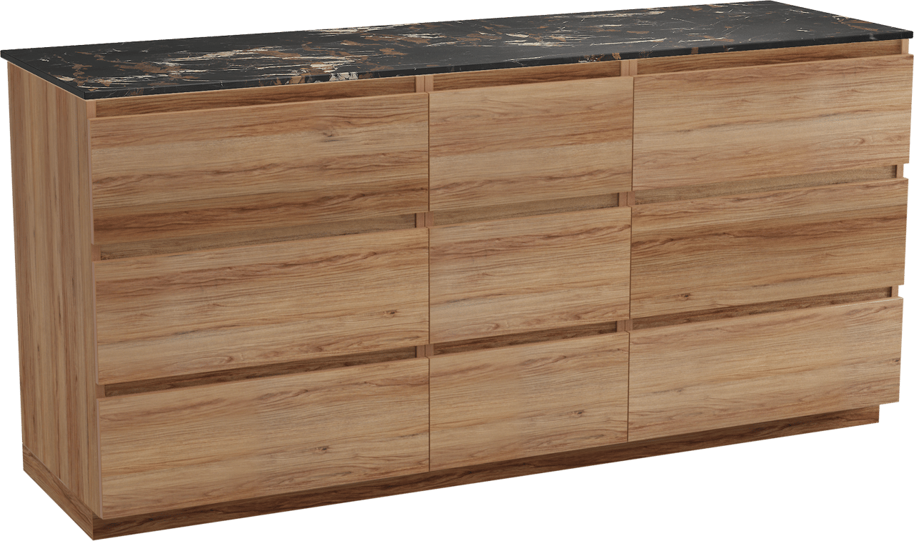 Balmani Lucida freistehendes Möbelstück Set: 180 x 55 cm, Teak, mit Stretto Einzel- oder Doppel Waschtischplatte, Marmor Portoro Gold