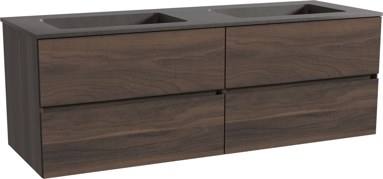 Storke Edge meuble salle de bains suspendu 150 x 52 cm noyer avec Scuro double vasque en quartz noir mat