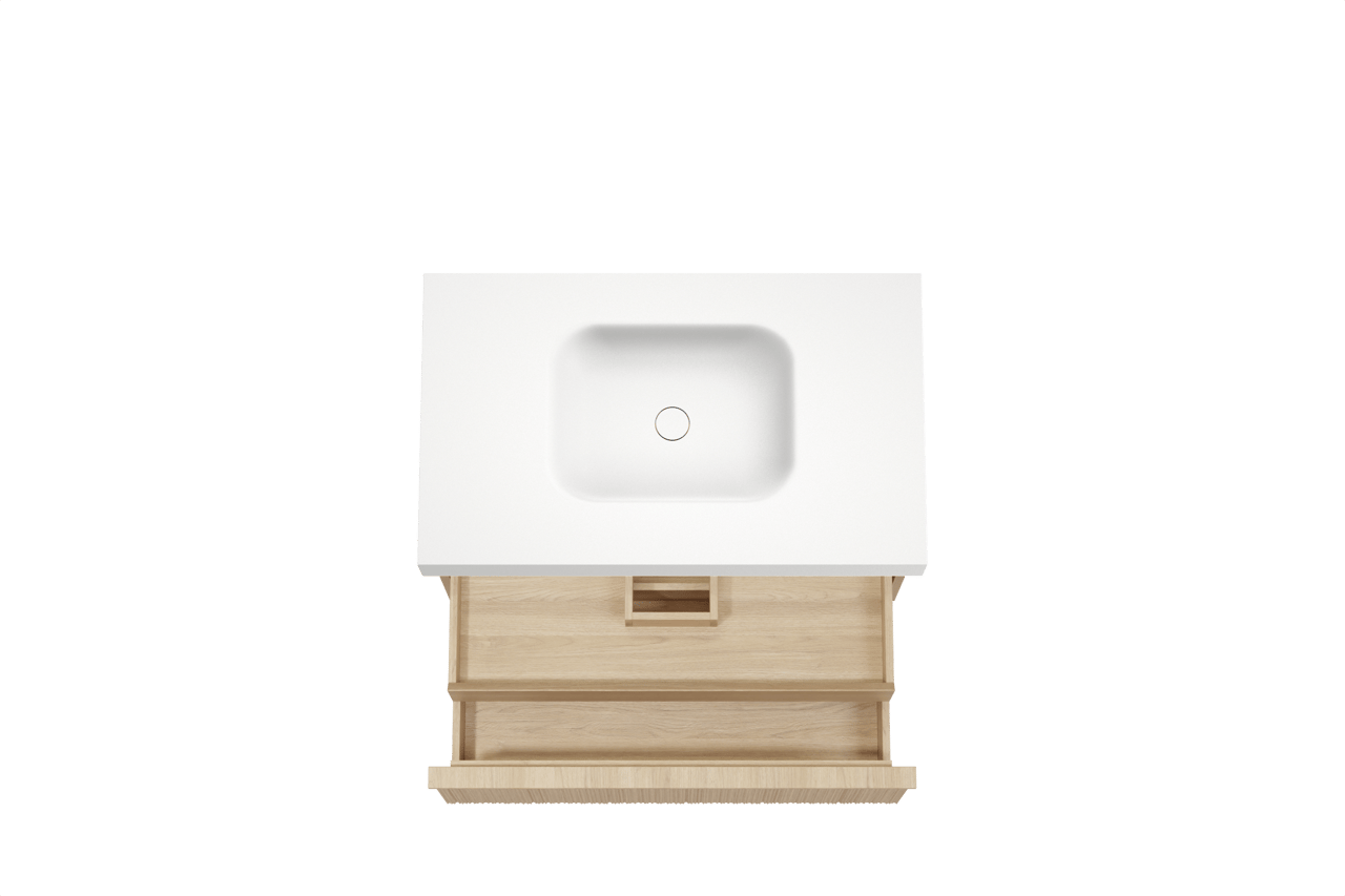 Balmani Forma zwevend badkamermeubel 90 x 55 cm natuur eik met Arcato enkele wastafel in solid surface mat wit, Verticale asymmetrische ronde ribbel