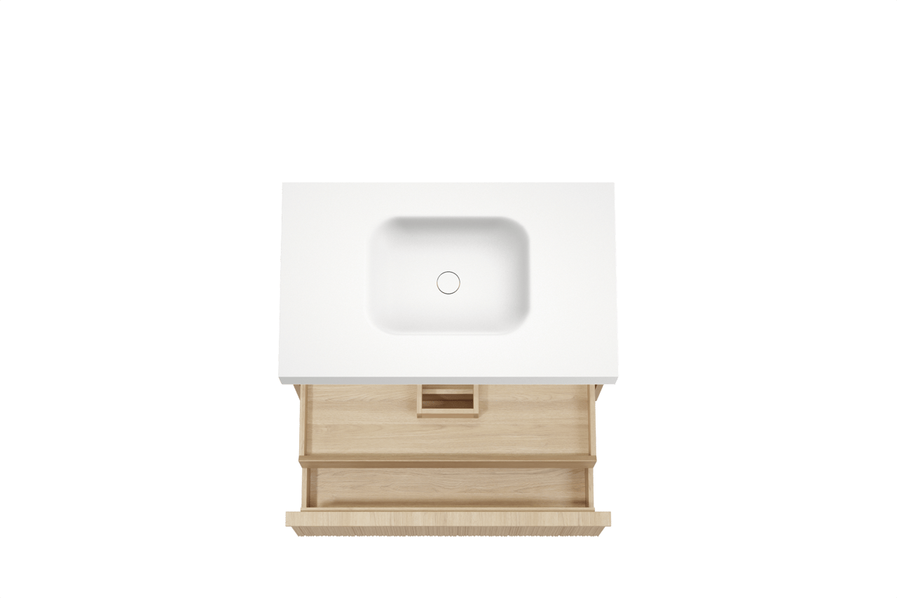 Balmani Forma hängendes Möbelstück Set: 90 x 55 cm, Naturbelassene Eiche, mit Arcato Einzelwaschtisch, Solid Surface, Weiß matt, Vertikale asymmetrische Runde Rippe