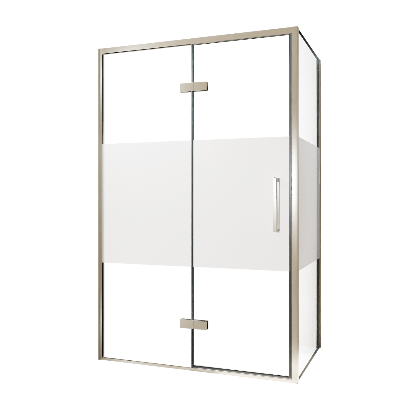 Balmani Senses Design Eckdusche: Drehtür (Links) mit fixierte Seitenwand, 120 x 80 cm, Klarglas mit mattiertem Streifen, Profil Brushed CoolMetal, inklusive Coating