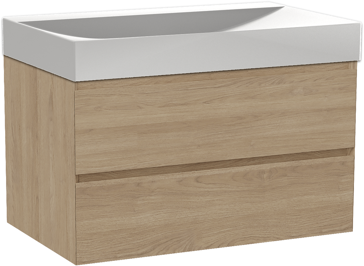 Balmani Mitra zwevend badmeubel 90 x 55 cm naturel eiken met Wave enkele wastafel in solid surface mat wit