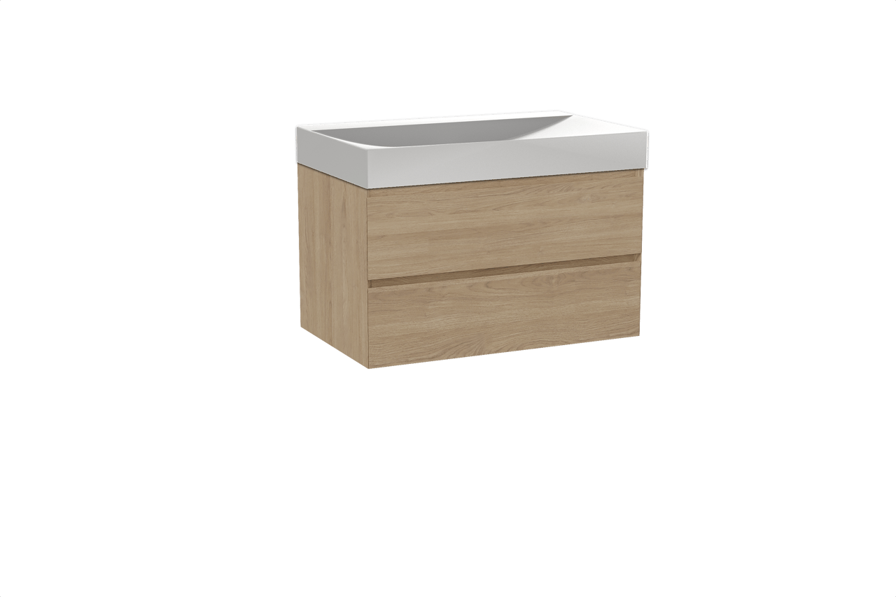 Balmani Mitra hängendes Möbelstück Set: 90 x 55 cm, Naturbelassene Eiche, mit Wave Einzelwaschtisch, Solid Surface Weiß matt