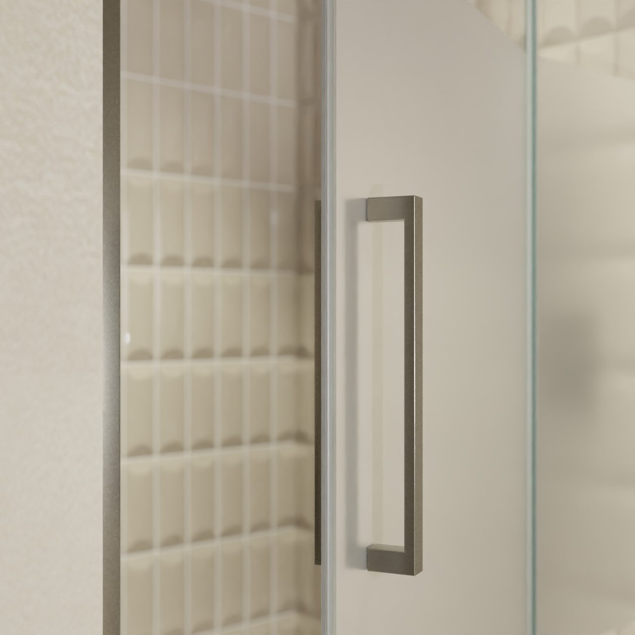 Balmani Senses Design Dusche Drehtür, Rechts, 120 cm x 210 cm, Klarglas mit mattiertem Streifen, Profil Brushed GunMetal