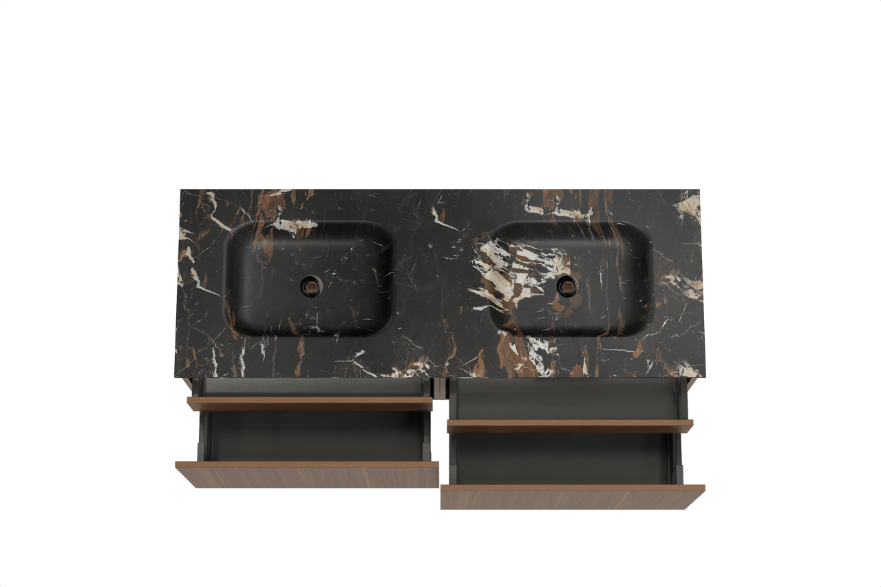 Balmani Sfera meuble salle de bains suspendu 150 x 55 cm noyer américain avec Tablo Arcato double vasque en marbre portoro gold