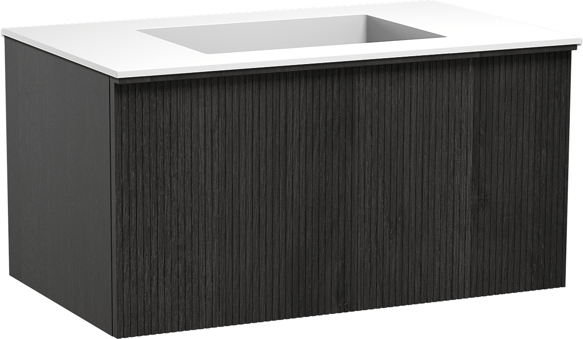Balmani Forma hängendes Möbelstück Set: 90 x 55 cm, Schwarze Eiche, mit Tablo Stretto Einzelwaschtisch, Solid Surface, Weiß matt, Vertikale symmetrische gerade Rippe