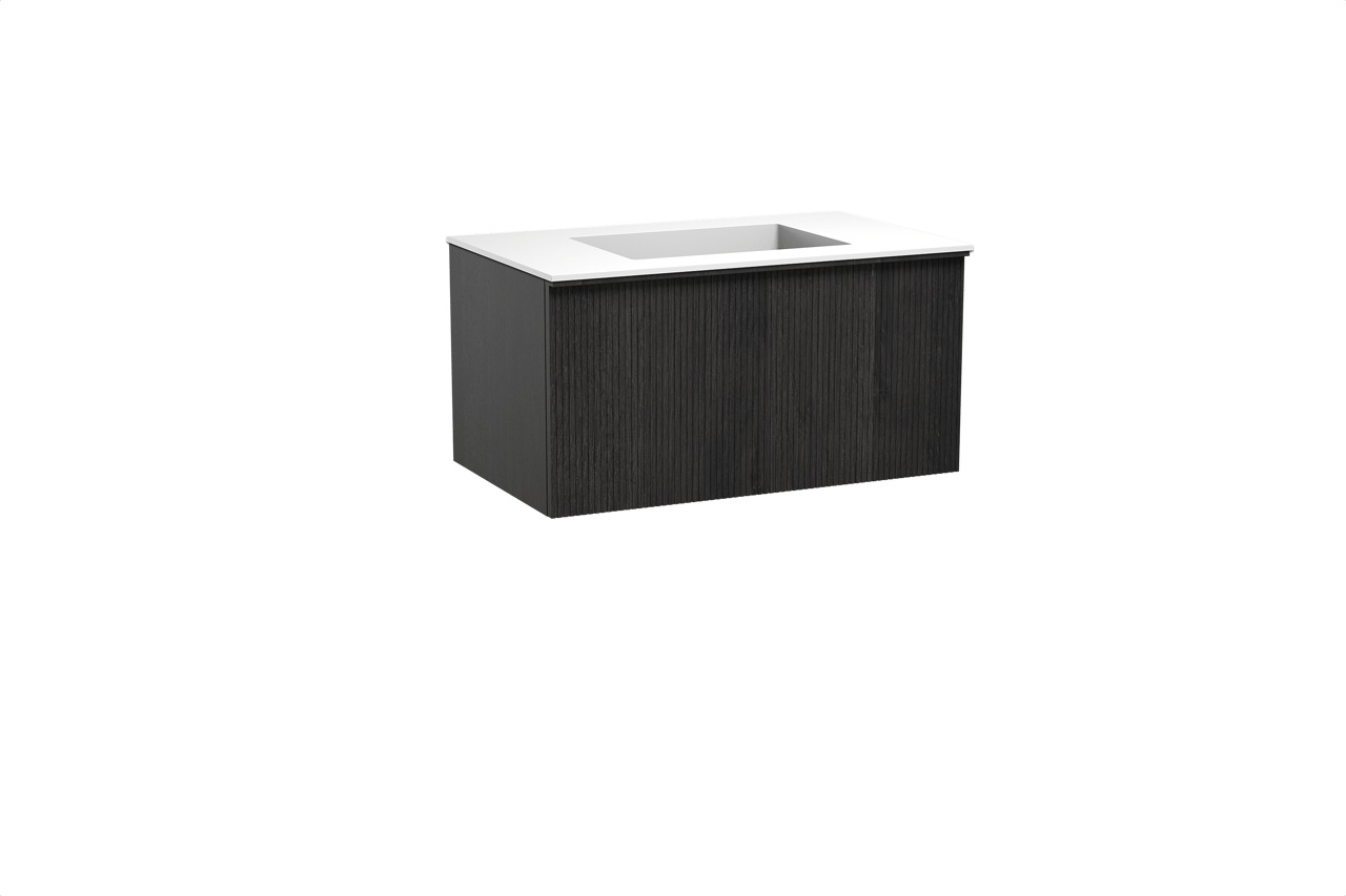 Balmani Forma hängendes Möbelstück Set: 90 x 55 cm, Schwarze Eiche, mit Tablo Stretto Einzelwaschtisch, Solid Surface, Weiß matt, Vertikale symmetrische gerade Rippe