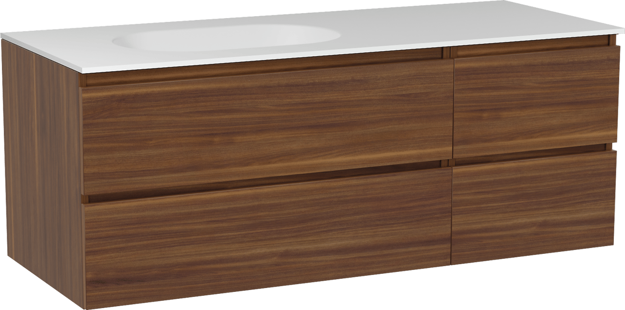 Balmani Lucida hängendes Möbelstück Set: 135 x 55 cm, Amerikanischer Nussbaum, mit Tablo Oval Waschtisch links, Solid Surface Weiß matt