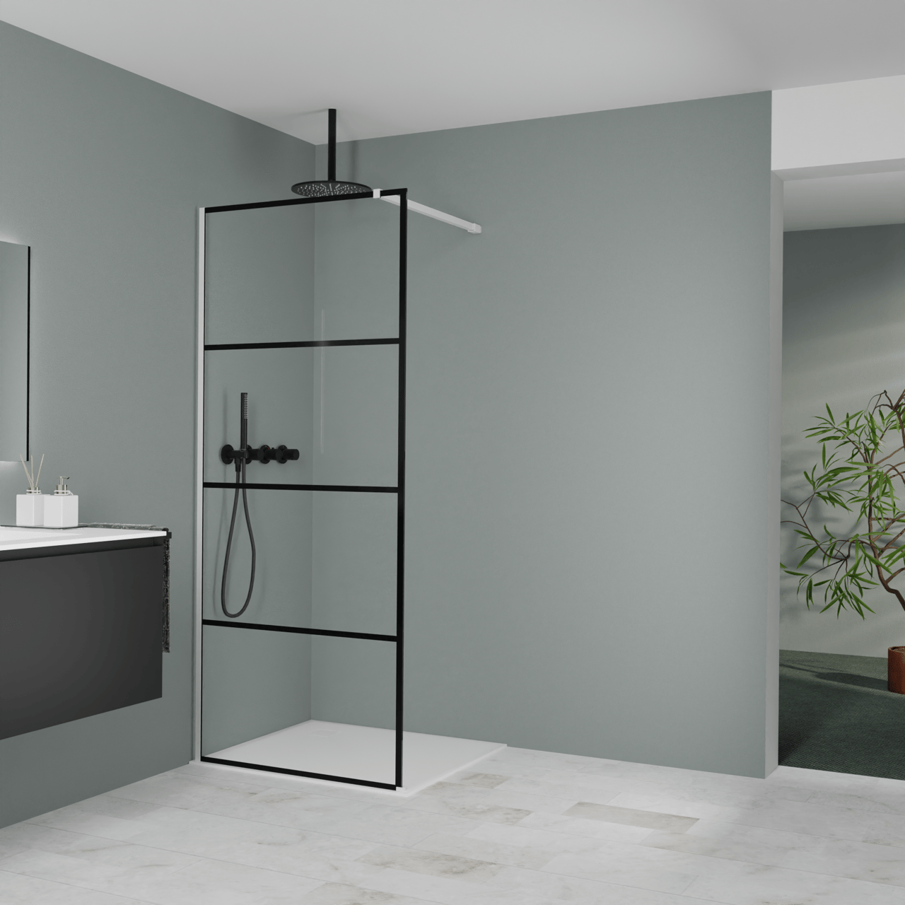 Balmani Modular douche à l'italienne: 90 x 200 cm, Lined, Profil Blanc mat