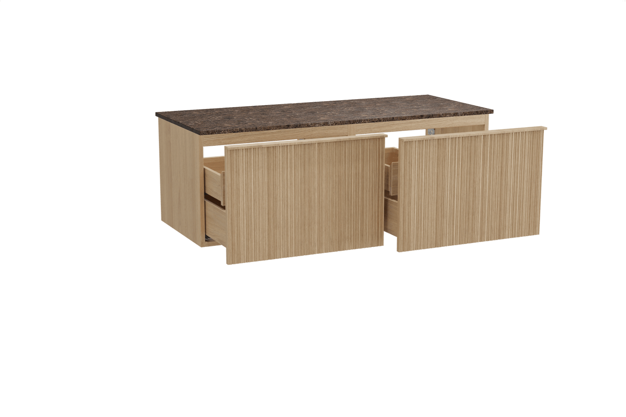 Balmani Forma zwevend badmeubel 135 x 55 cm naturel eiken met Stretto enkel of dubbel wastafelblad in marmer dark emperador, Verticale asymmetrische ronde ribbel