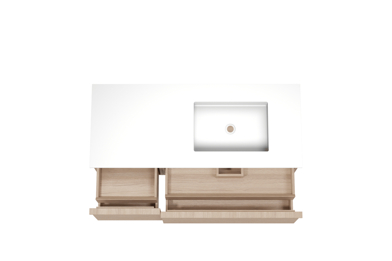 Balmani Forma zwevend badmeubel 135 x 55 cm naturel eiken met Tablo Stretto asymmetrisch rechtse wastafel in solid surface mat wit, Horizontale symmetrische rechte ribbel