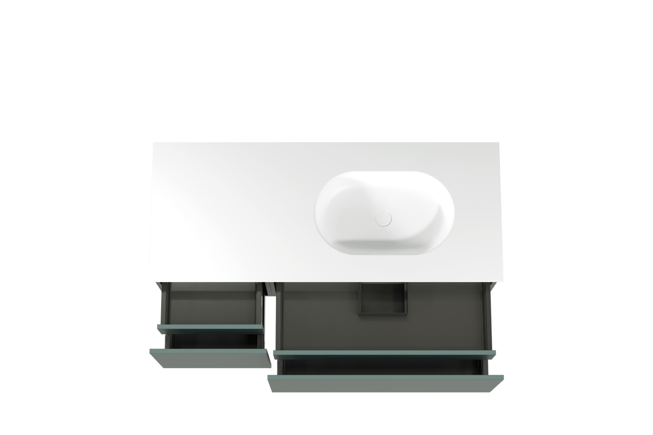 Balmani Sfera meuble salle de bains suspendu 135 x 55 cm forest avec Tablo Oval vasque asymétrique droite en solid surface blanc mat