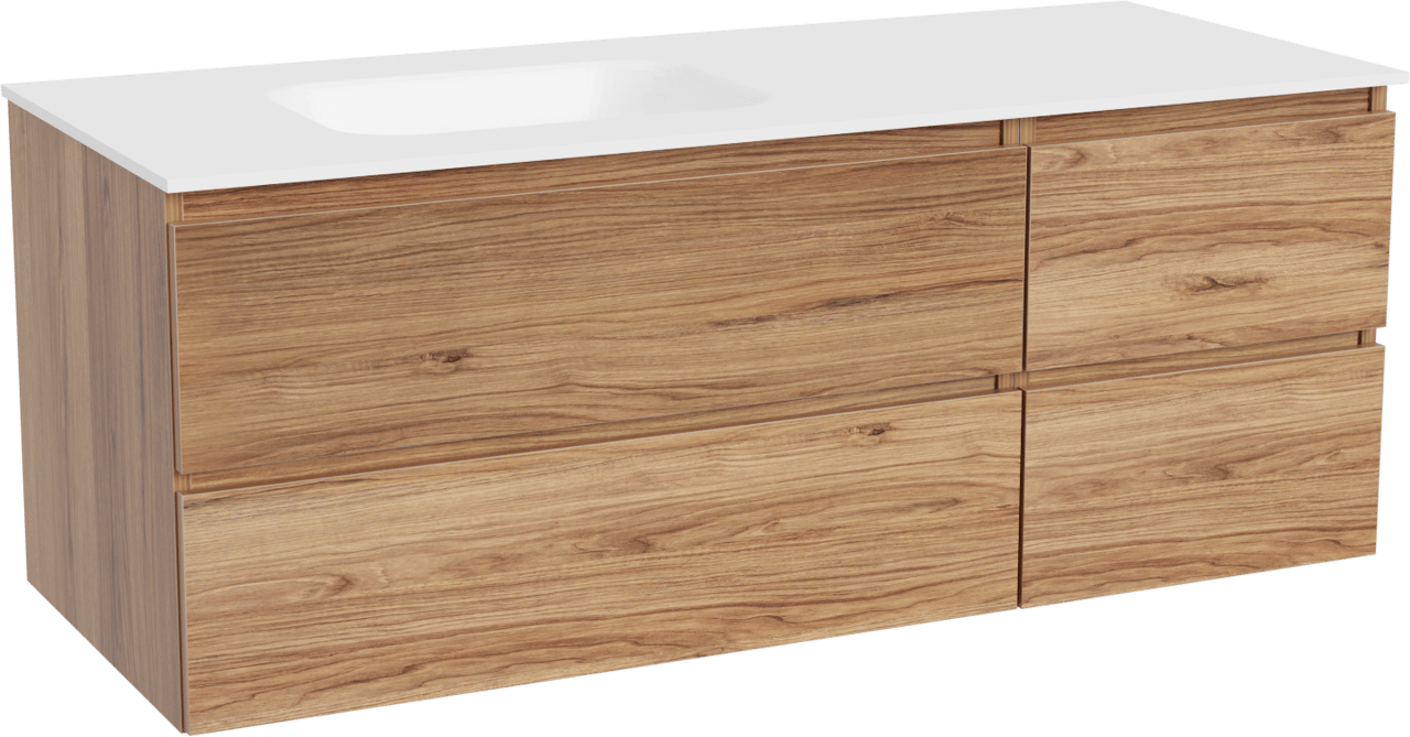 Balmani Lucida hängendes Möbelstück Set: 135 x 55 cm, Teak, mit Tablo Arcato Waschtisch links, Solid Surface Weiß matt