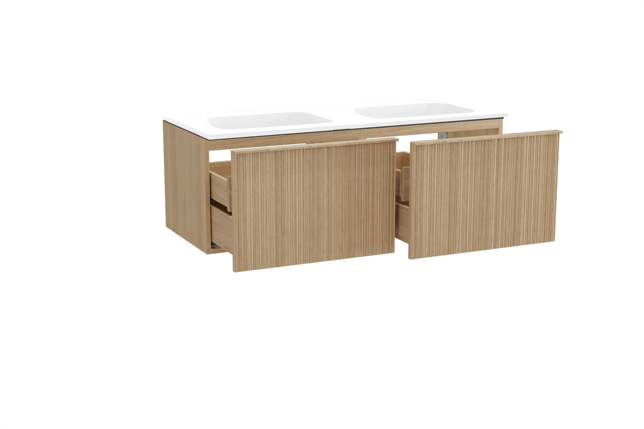 Balmani Forma hängendes Möbelstück Set: 135 x 55 cm, Naturbelassene Eiche, mit Tablo Strada Doppelwaschtisch, Marmorkomposit, Weiß matt, Vertikale asymmetrische Runde Rippe