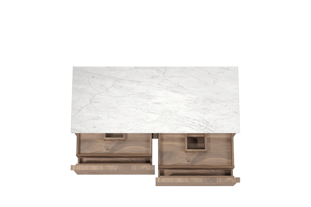 Balmani Forma meuble salle de bains suspendu 135 x 55 cm noyer américain avec Stretto tablette simple ou double en marbre carrara, Nervure droite symétrique horizontale