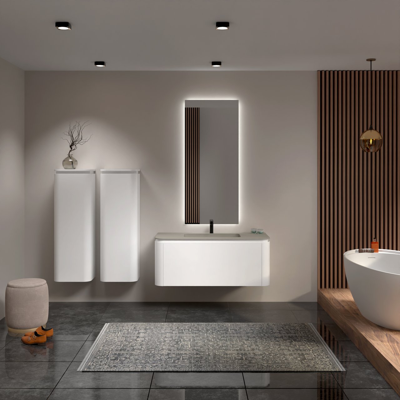 Balmani Moon meuble salle de bains suspendu 130 x 55 cm blanc mat avec Moon plan simple en top solid soie grise