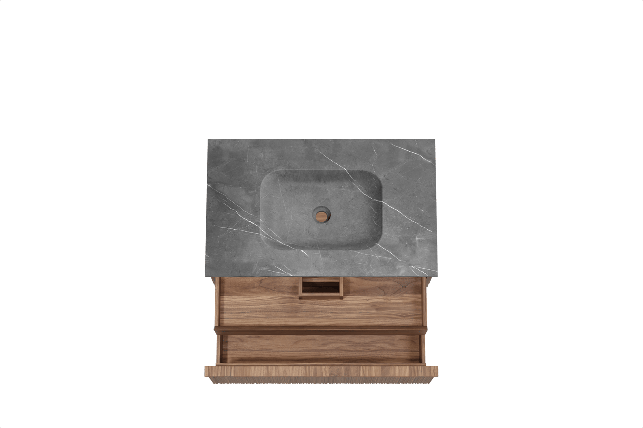 Balmani Forma hängendes Möbelstück Set: 90 x 55 cm, Amerikanischer Nussbaum, mit Tablo Arcato Einzelwaschtisch, Marmor, Pietra Grey, Vertikale asymmetrische Runde Rippe
