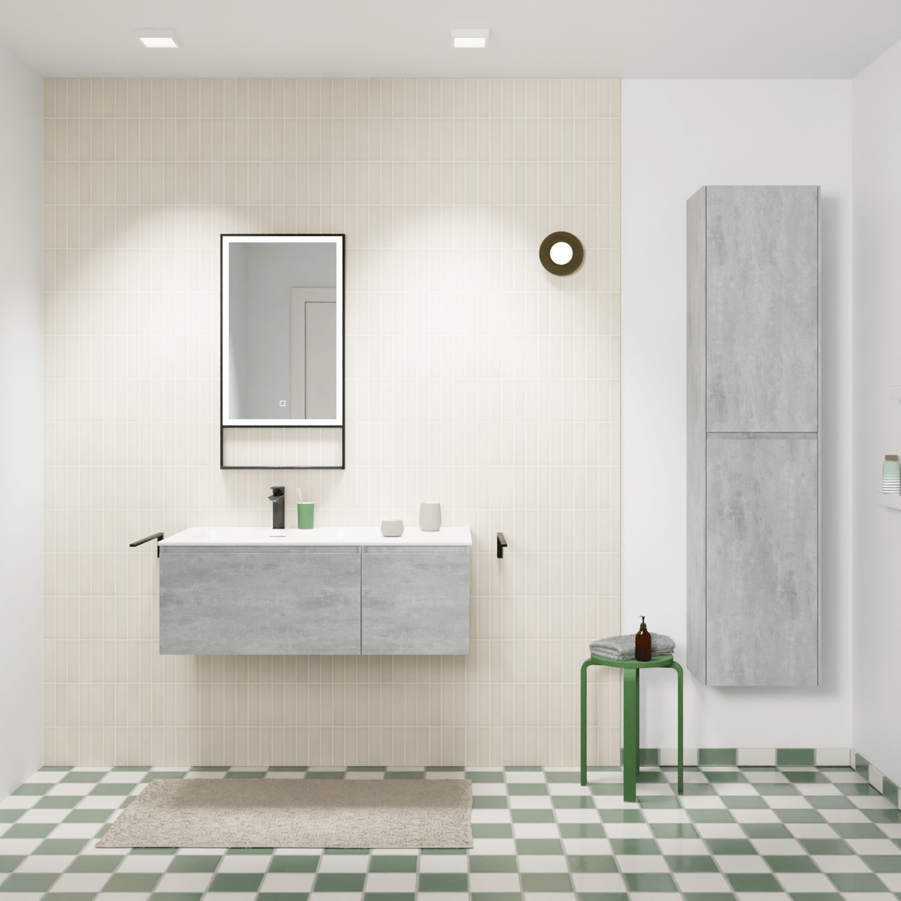 Storke Edge zwevend badmeubel 100 x 52 cm beton donkergrijs met Mata asymmetrisch linkse wastafel in solid surface mat wit