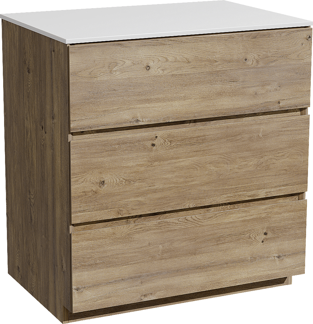 Storke Edge freistehendes Möbelstück Set: 75 x 52 cm, Rohe Eiche, mit Tavola Einzel Waschtischplatte, Solid Surface Weiß matt