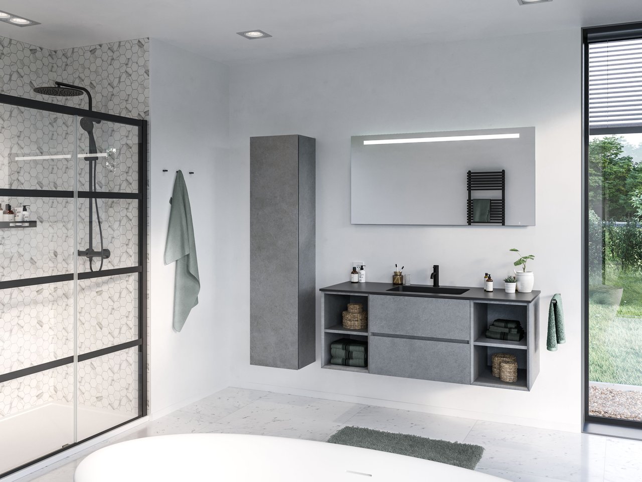 Storke Edge colonne salle de bains suspenduee avec miroir béton gris foncé 40 x 30 x 170 cm