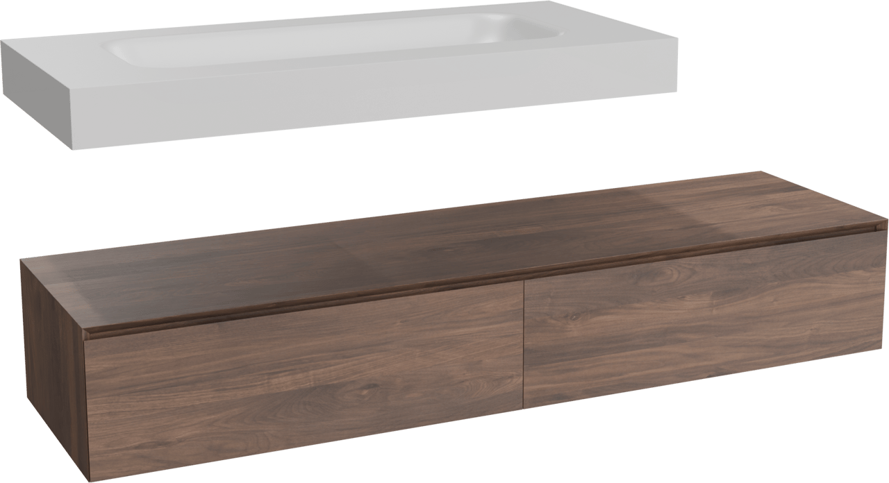 Balmani Mitra Elements hängendes Möbelstück Set: 180 x 55 cm, Amerikanischer Nussbaum mit Arcato Einzelwaschtisch für 2 Armaturenlöcher 120 cm, Solid Surface Weiß matt