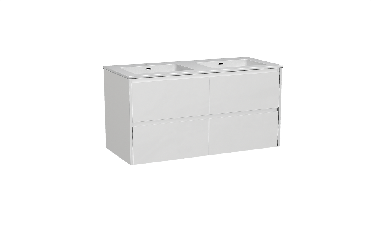 Storke Seda meuble salle de bains suspendu 120 x 52 cm blanc mat avec Diva double vasque en marbre composite blanc brillant