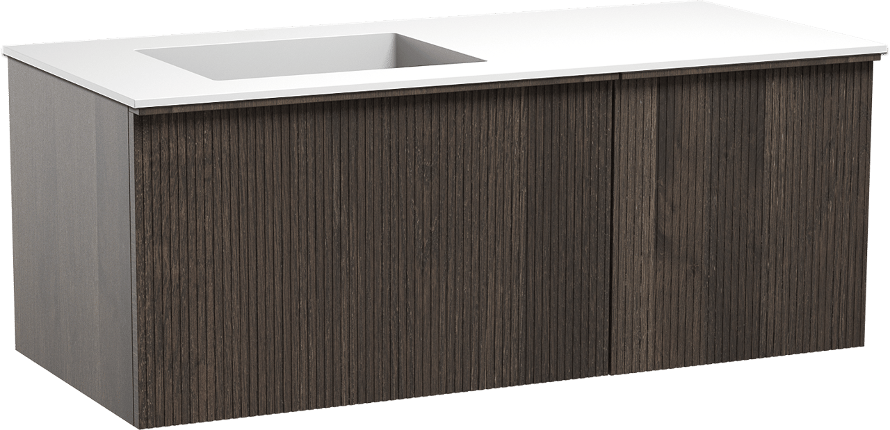 Balmani Forma hängendes Möbelstück Set: 120 x 55 cm, Geräucherte Eiche, mit Tablo Stretto Waschtisch links, Solid Surface, Weiß matt, Vertikale symmetrische gerade Rippe