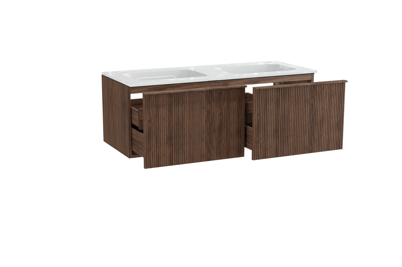 Balmani Forma meuble salle de bains suspendu 135 x 55 cm noyer américain avec Tablo Strada double vasque en marbre composite blanc brillant, Nervure droite symétrique verticale