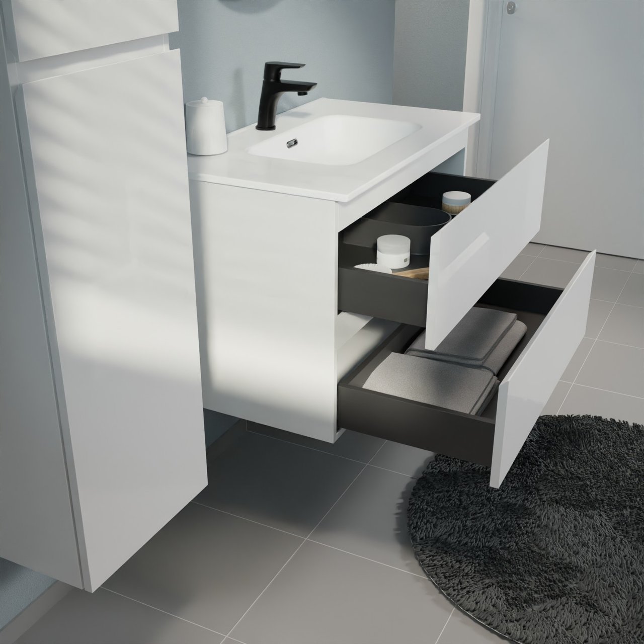 Linie Lado meuble salle de bains suspendu 80 x 46 cm blanc brillant avec Baro plan simple en porcelaine blanc brillant