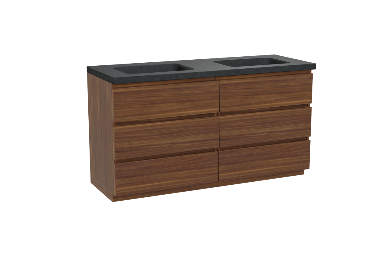 Balmani Lucida staand badkamermeubel 150 x 55 cm amerikaanse notelaar met Napoli dubbele wastafel in graniet zwart