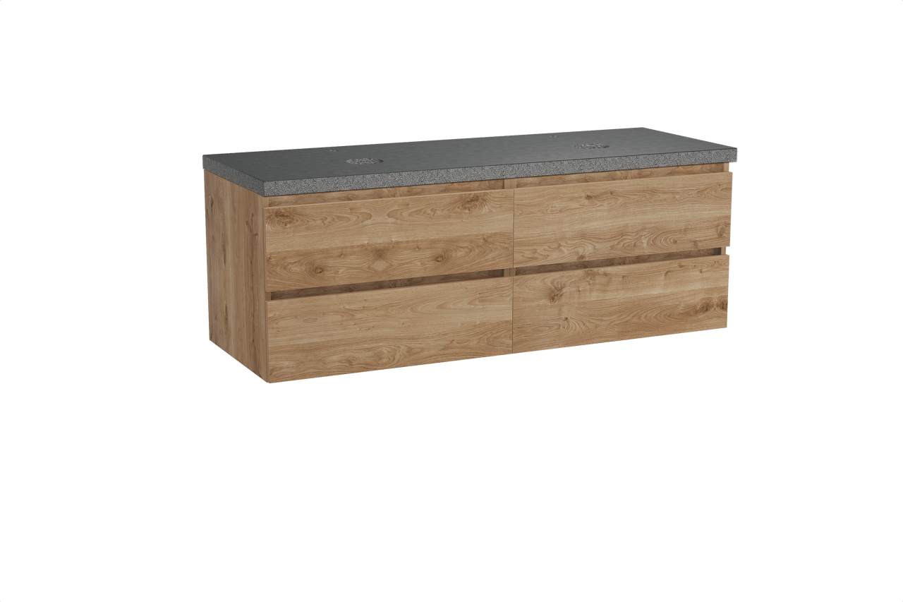 Balmani Lucida hängendes Möbelstück Set: 150 x 55 cm, Rohe Eiche, mit Rock Doppel Waschtischplatte, Schwarzes Granit