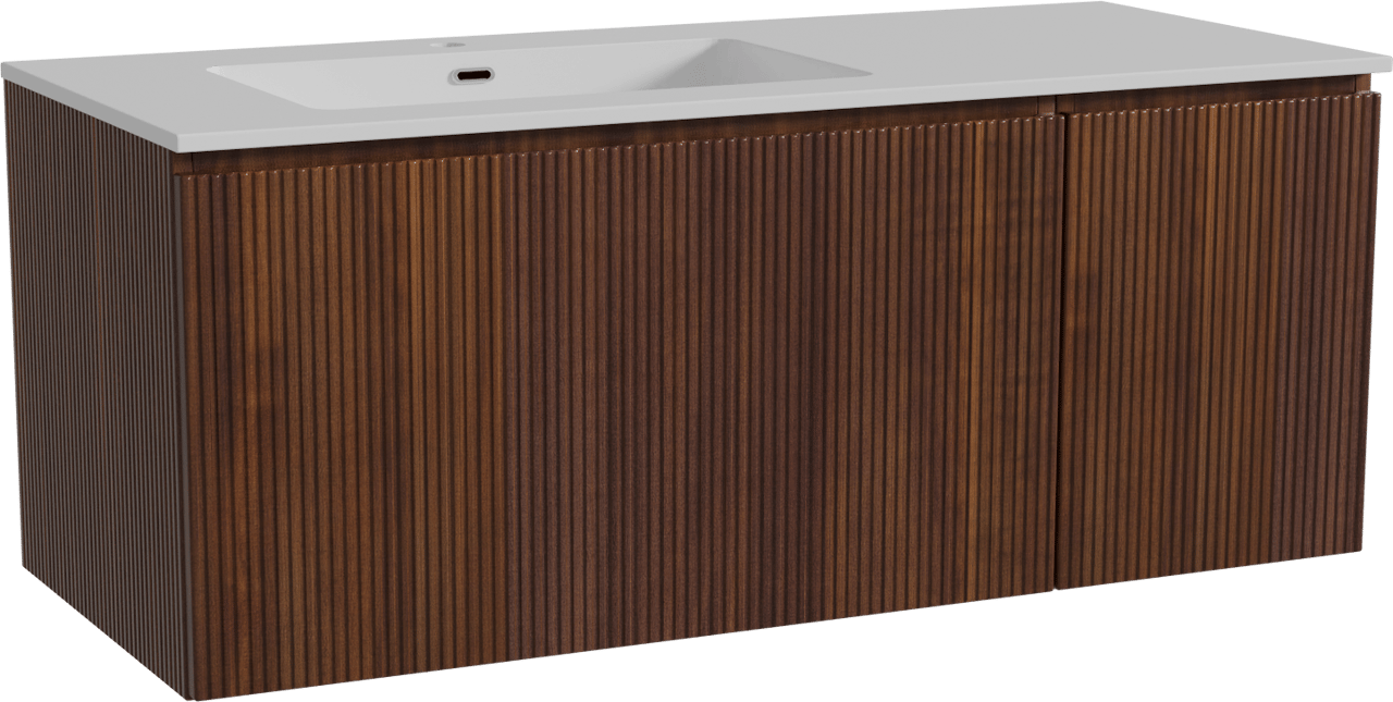 Storke Ribs zwevend badkamermeubel 120 x 52 cm notelaar met Diva asymmetrisch linkse wastafel in composietmarmer glanzend wit, Verticale symmetrische rechte ribbel