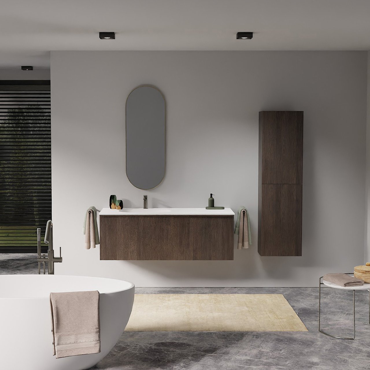 Balmani Forma hängendes Möbelstück Set: 135 x 55 cm, Geräucherte Eiche, mit Tablo Oval Waschtisch links, Solid Surface, Weiß matt, Vertikale symmetrische gerade Rippe