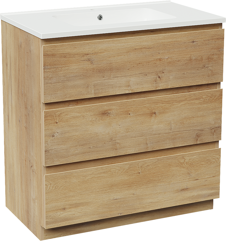 Linie Lado freistehendes Möbelstück Set: 80 x 46 cm, Naturbelassene Eiche, mit Vano Einzelwaschtisch, Marmorkomposit Weiß glänzend