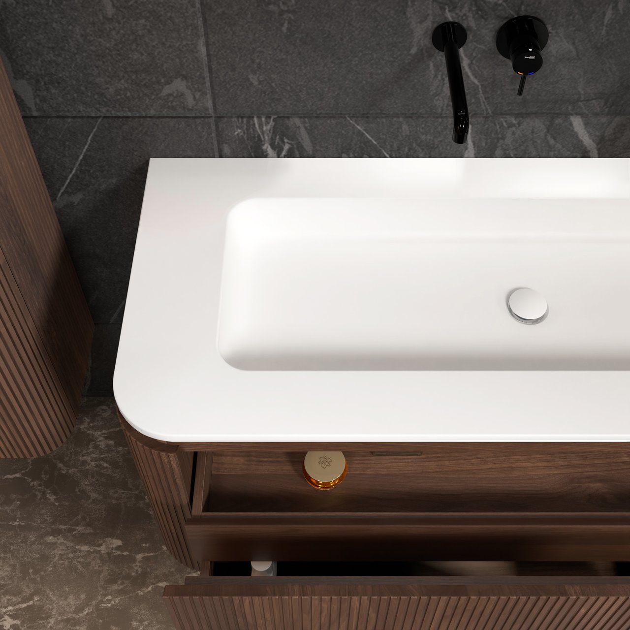 Balmani Moon meuble salle de bains suspendu 130 x 55 cm noyer américain avec Moon tablette simple ou double en solid surface blanc mat, Nervure droite symétrique verticale