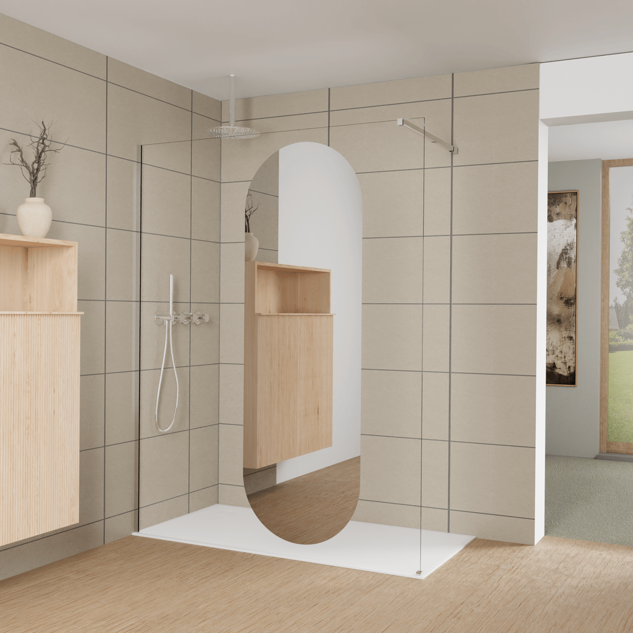 Balmani Modular douche à l'italienne: 160 x 200 cm, Miroir reflex ovale, Profil Chrome brillant