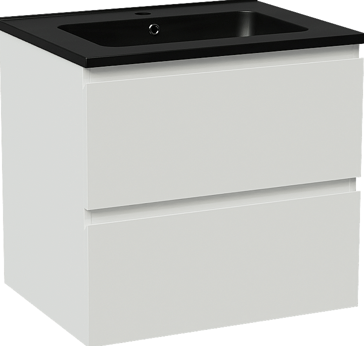 Linie Lado zwevend badmeubel 60 x 46 cm hoogglans wit met Vano enkele wastafel in composietmarmer mat zwart