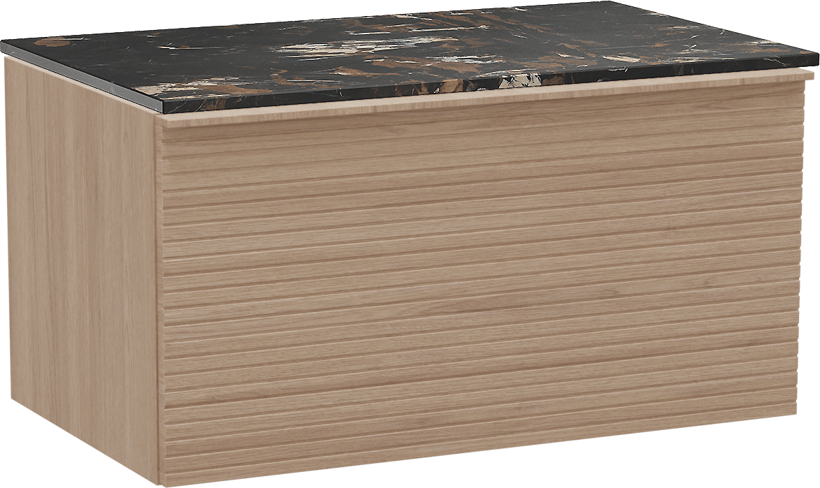 Balmani Forma hängendes Möbelstück Set: 90 x 55 cm, Naturbelassene Eiche, mit Stretto Einzel Waschtischplatte, Marmor, Portoro Gold, Horizontale symmetrische gerade Rippe