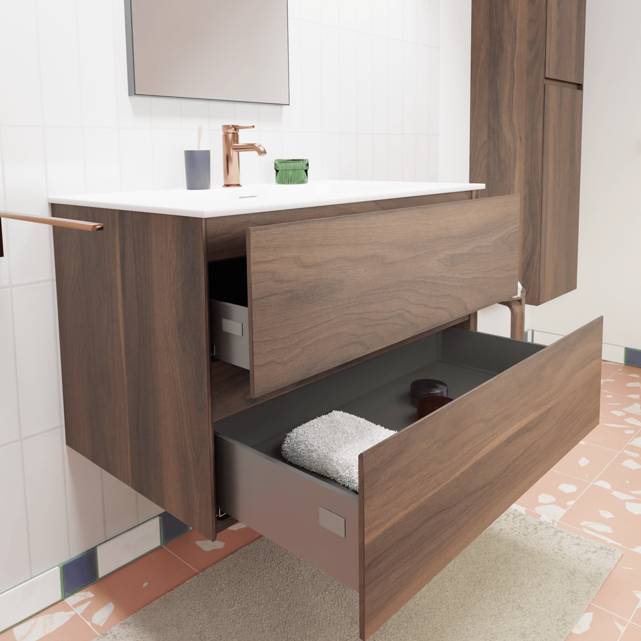 Storke Edge zwevend badkamermeubel 85 x 52 cm notelaar met Mata enkele wastafel in solid surface mat wit