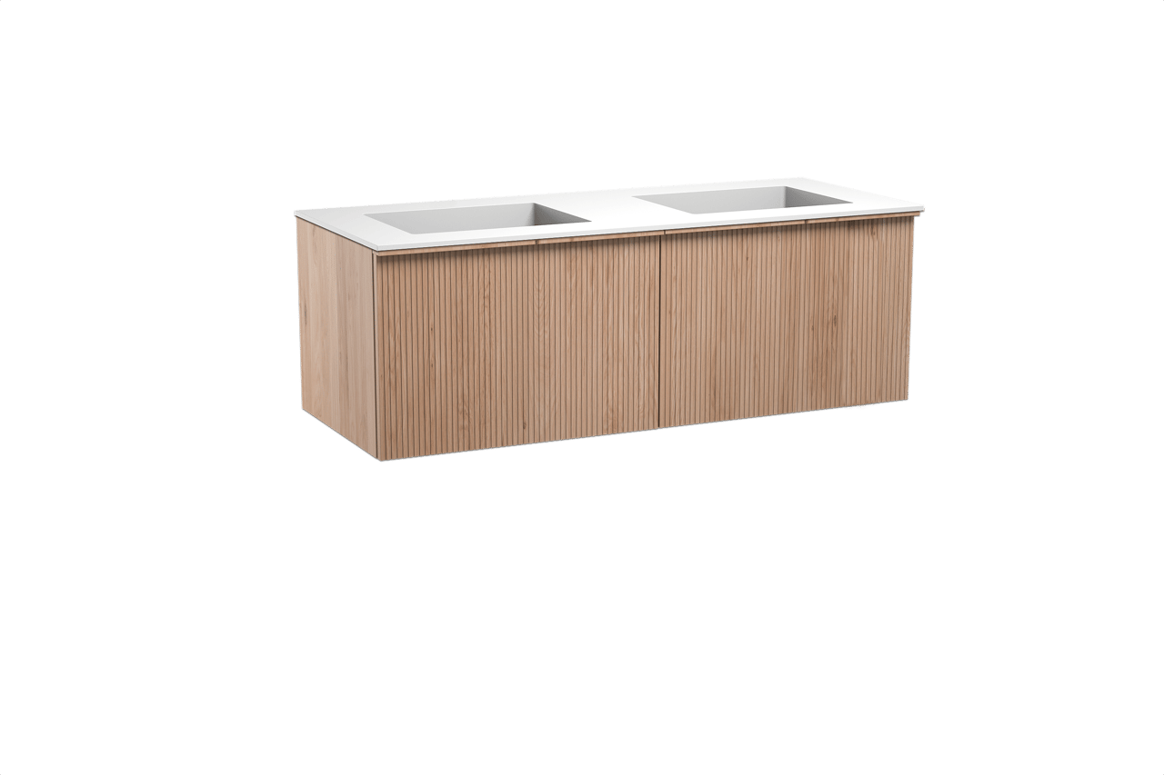 Balmani Forma zwevend badkamermeubel 135 x 55 cm natuur eik met Tablo Stretto dubbele wastafel in solid surface mat wit, Verticale symmetrische rechte ribbel