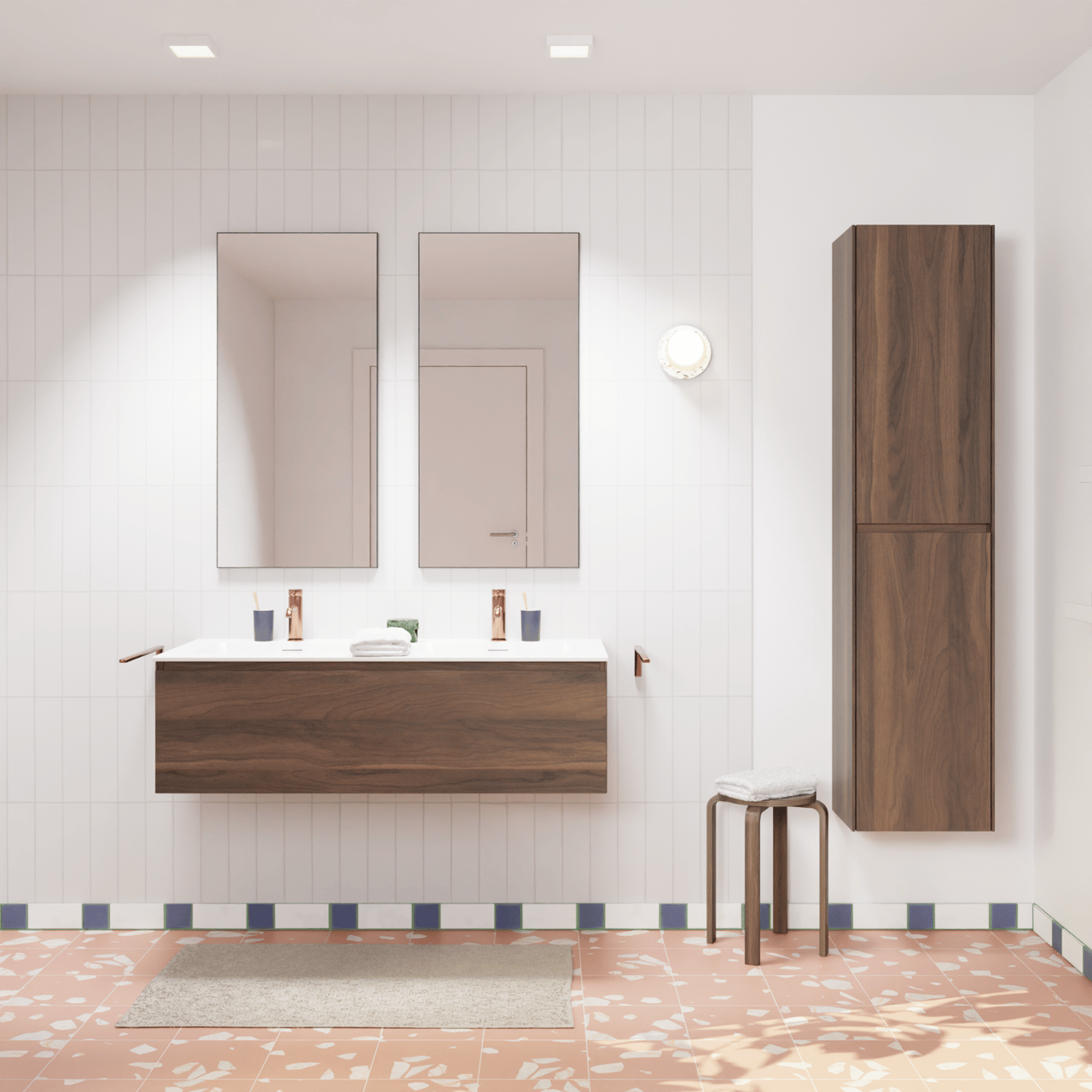 Storke Edge hängendes Möbelstück Set: 120 x 52 cm, Nussbaum, mit Mata Doppelwaschtisch, Solid Surface Weiß matt