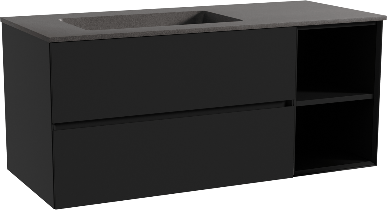 Storke Edge zwevend badmeubel 120 x 52 cm mat zwart met Scuro asymmetrisch linkse wastafel in kwarts mat zwart