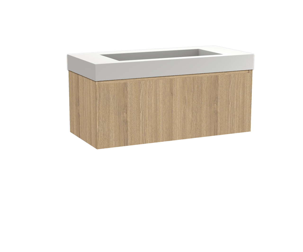 Balmani Fila zwevend badkamermeubel 120 x 55 cm natuur eik met Modus enkele wastafel voor 2 kraangaten in solid surface mat wit, Verticale symmetrische rechte ribbel